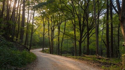 Fototapeta premium Paisaje forestal con camino curvo rodeado de árboles altos y vegetación exuberante iluminada por el sol