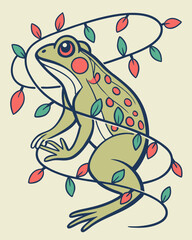 Fototapeta premium Enchanted Frog: A whimsical illustration of a charming frog adorned with vibrant, swirling vines and berries. Perfect for nature lovers and whimsical designs.