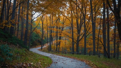 Obraz premium Paisaje de bosque con camino de tierra serpenteante y árboles altos, destacando la serenidad del entorno
