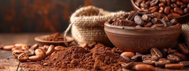 Obraz premium Cocoa beans and powder in rustic setting with burlap sack