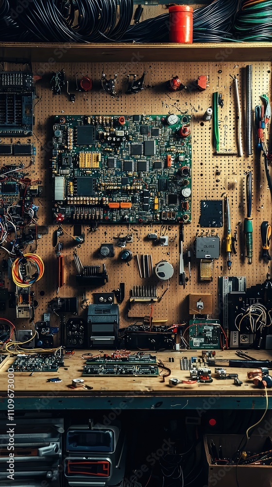 Poster detailed overview of an electronics workbench with circuit boards, tools, and components in a worksp