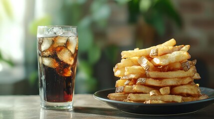 Refreshing Cold Beverage Accompanied by Delicious Golden French Fries on a Wooden Table, Perfect for Fast Food Lovers and Snack Enthusiasts in a Cozy Atmosphere