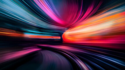 A dramatic shot of high-speed trains racing along the tracks, with motion blur accentuating the rapid movement, set against a vivid backdrop for an exciting visual effect