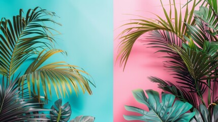Tropical palm leaves on split pink and blue pastel background