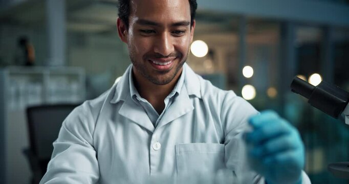 Scientist, man and test tube in lab for study, progress and chemical process for pharma project. Person, container and thinking with smile for drugs, vaccine and experiment with medical research
