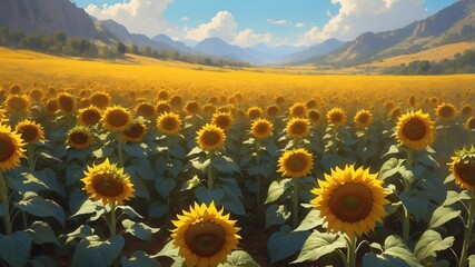 Obraz premium Field with sunflowers at sunny summer day. Illustration