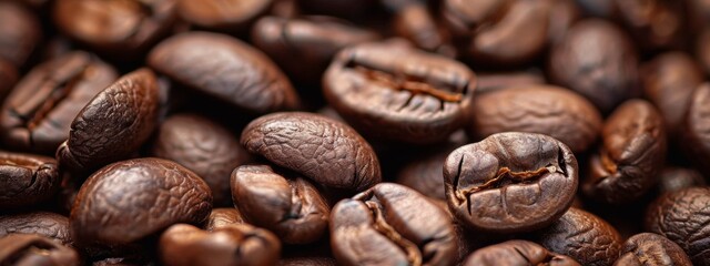 Fototapeta premium Macro shot of roasted coffee beans with detailed textures