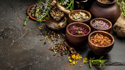 Dried herbs and spices in rustic wooden bowls