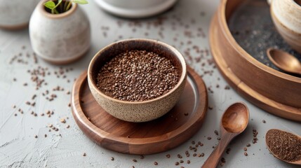 Chia seeds in a rustic ceramic bowl with wooden spoons