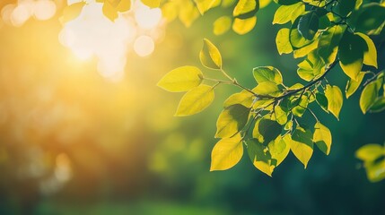 Obraz premium Sunlit Green Leaves on a Tree Branch Illuminated by Soft Golden Light in a Lush Natural Setting Perfect for Relaxation and Outdoor Wellness Themes