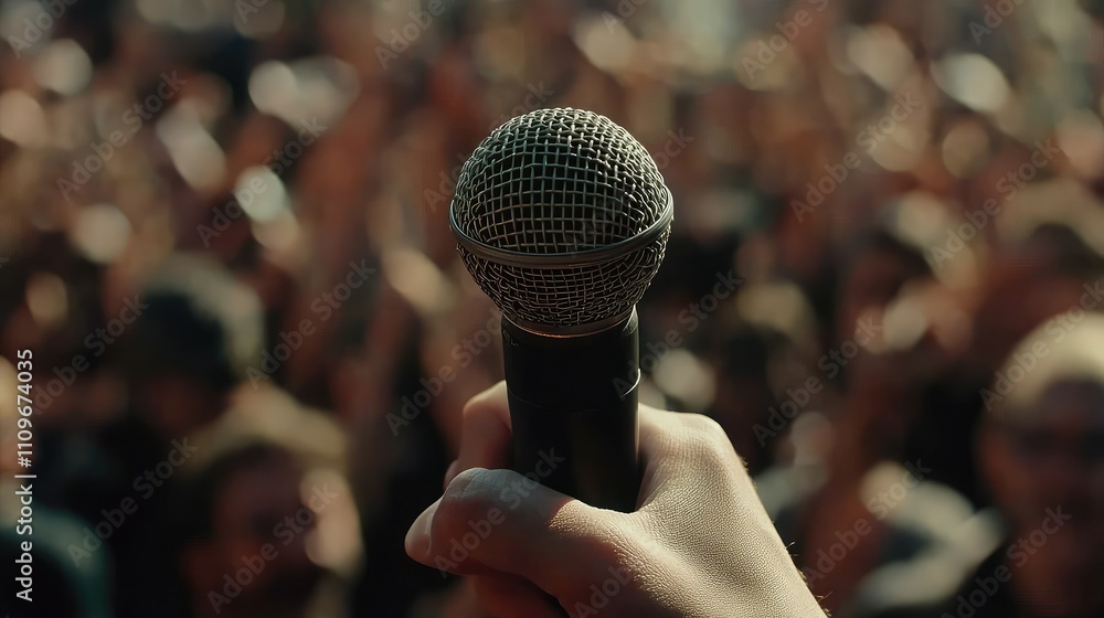 Poster close-up of a hand holding a microphone in front of a thriving crowd at a live music event, capturin