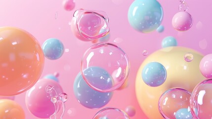 Colorful transparent bubbles floating on pastel background