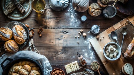 Rustic kitchen scene with fresh bread, olives, and nuts