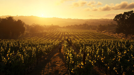 Fototapeta premium Golden Hour Vineyard Sunset Grapes Vines Rural Landscape Agriculture