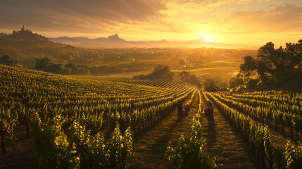 Fototapeta premium Golden Hour Vineyard Sunset Rows of Grapes Rural Landscape Hilltop Castle