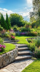 Obraz premium Serene Garden Pathway with Lush Greenery, Colorful Flowers, Stone Steps, and Bright Blue Sky in a Tranquil Outdoor Landscape Setting