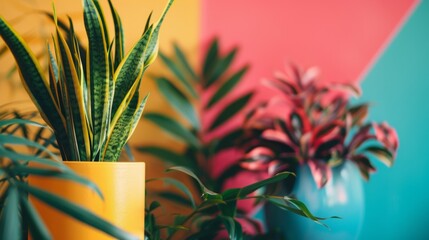 Fototapeta premium Vibrant indoor plants in colorful pots against a bold background