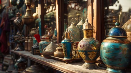 Fototapeta premium Antique vases and ornaments on a market shelf
