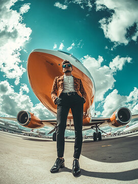 stylish person barding an aeroplane in airport, airport and airplanes in the backdrop, Shot with fish eye lens