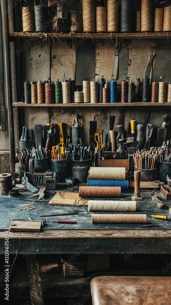 Poster rustic workshop workspace with various tools, threads, and materials organized on a wooden table sur