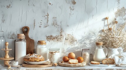 Rustic breakfast arrangement with bread, milk, and eggs