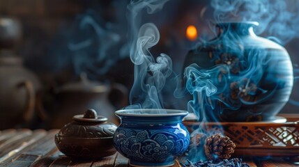 Ceramic incense pot with swirling smoke in a moody setting
