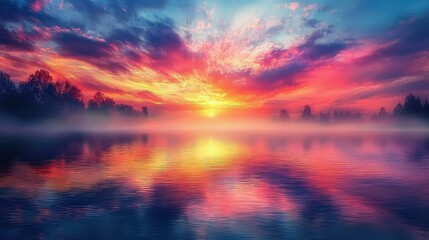 Breathtaking Sunset Over Tranquil Lake with Colorful Reflections, Dramatic Cloud Formation and Mist in the Early Morning Light