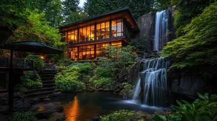 Serene Evening at a Modern Glass House Surrounded by Lush Greenery and a Majestic Waterfall in a Peaceful Garden Setting