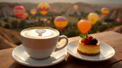 Morning cappuccino with cinnamon balloon design on milk foam, dessert overlooking colorful balloons flying over the valley