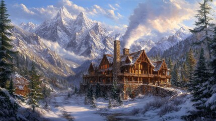 A Cozy Cabin Nestled in a Snowy Mountain Valley