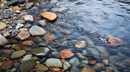 Obraz premium Smooth stones glisten under the gentle current of a serene river. Generative AI