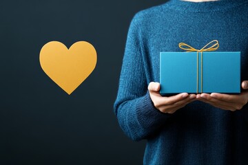   Un hombre con un jersey azul sostiene una caja de regalo azul con un lazo dorado, junto a un corazón amarillo en un fondo oscuro.
