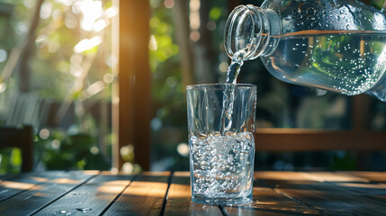 Pouring purified fresh water from a jug into a glass on a wooden table.
