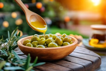  Un tazón de madera con aceitunas verdes frescas siendo rociadas con aceite de oliva, con un fondo natural al atardecer.
