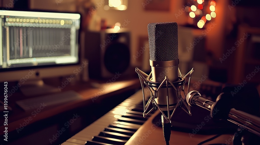 Poster professional microphone in a cozy studio setup with a computer, keyboard, and ambient lighting creat