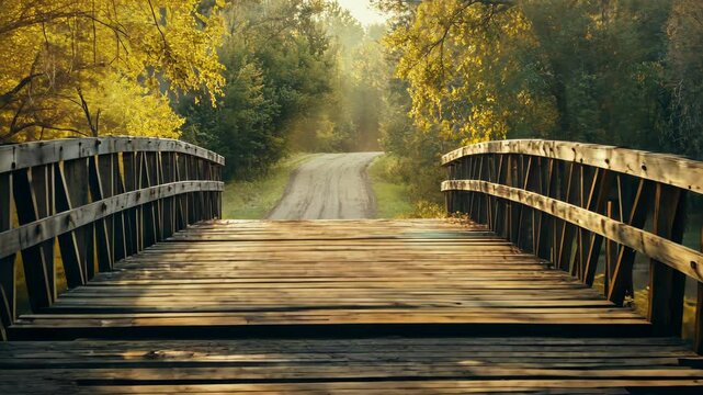 Rustic wooden bridge under golden trees along a peaceful forest path in early morning light