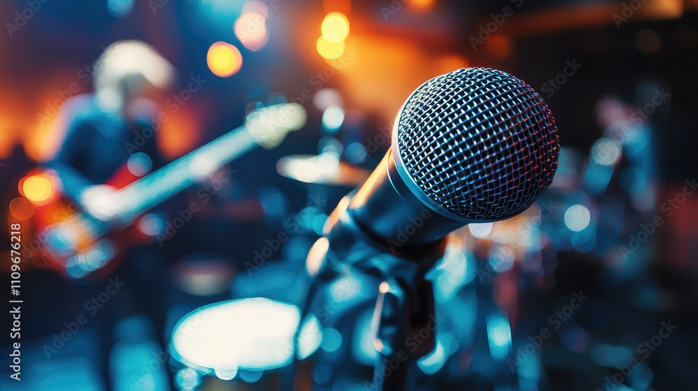 Poster close-up view of a microphone on stage with musicians performing in a vividly lit concert scene crea