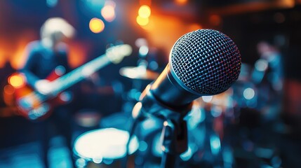 Close-up View of a Microphone on Stage with Musicians Performing in a Vividly Lit Concert Scene Creating a Dynamic Atmosphere for Live Music Experience