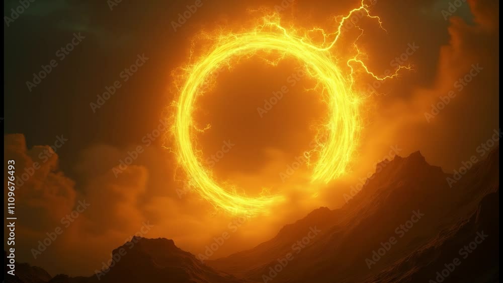 Aufkleber yellow abstract plasma lightning ring with glowing particles swirling in dark sky fantasy concept ar
