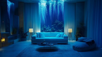 Underwater view living room, serene, blue.