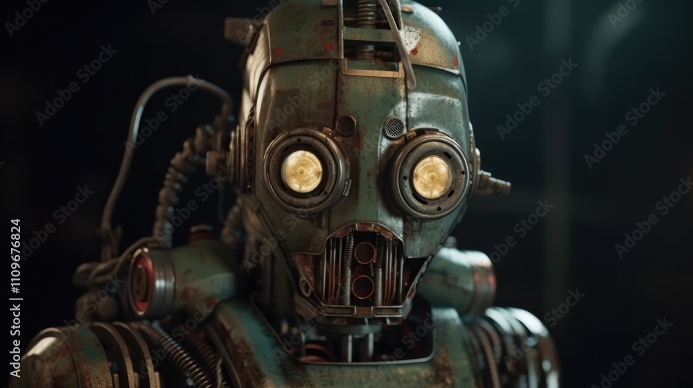 Poster rusty robot: a close-up of a weathered automaton