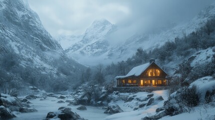 A Cozy Cabin Nestled in a Snowy Mountain Valley