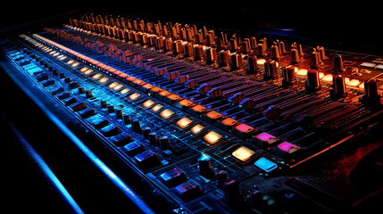 Fototapeta premium Illuminated Sound Mixer Control Panel Audio Equipment Studio Console Music Production