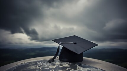 Graduation Cap on a Hilltop Under a Stormy Sky: A Symbolic Image of Uncertain Futures