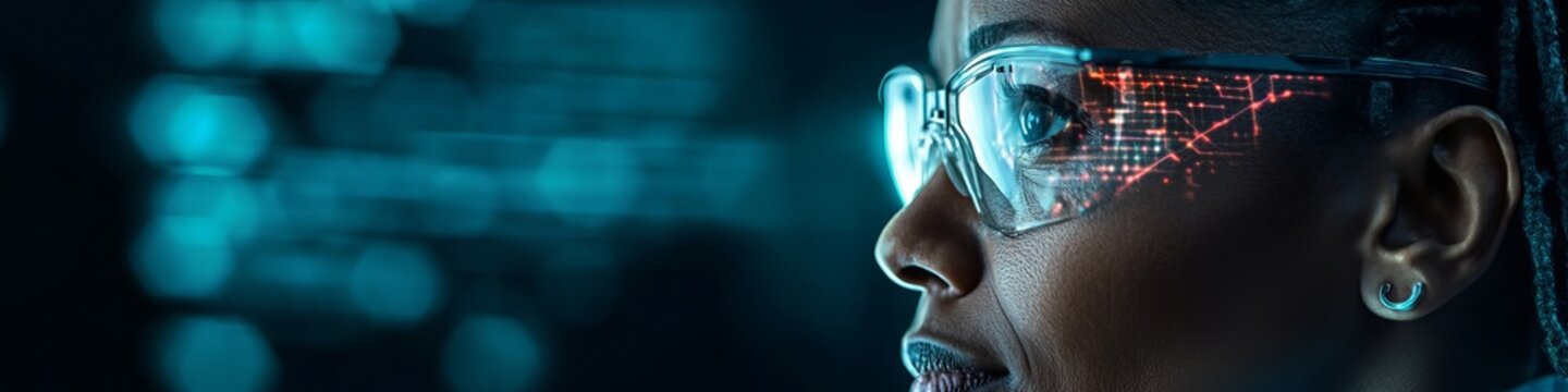 Female Black scientist wearing smart glasses, focused on digital data analysis in a futuristic lab, perfect for cover banner or header