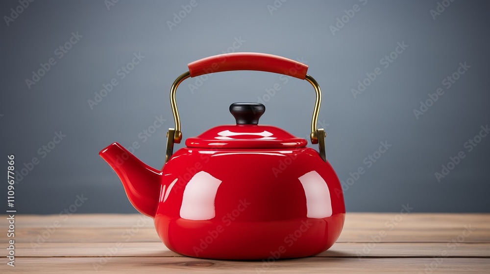 Poster bright red kettle resting on wooden table against a soft gray backdrop. generative ai