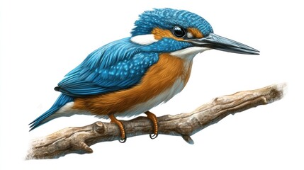 Fototapeta premium Colorful Kingfisher Perched on Branch with Vibrant Blue and Orange Plumage, Capturing the Beauty and Grace of Nature's Avian Creatures in a Stunning Illustrative Format