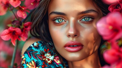 Naklejka premium Close-up portrait of a woman with vibrant flowers in an outdoor setting