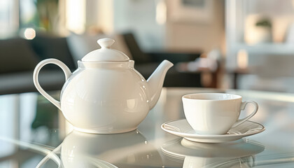 Fototapeta premium White tea set is on a glass table with a vase of flowers in the background. The tea set includes a teapot, a cup, and a saucer. The flowers add a touch of elegance and freshness to the scene