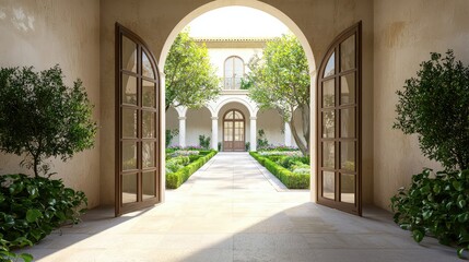 Fototapeta premium Serene Architectural Courtyard View with Lush Greenery and Elegant Arched Doorway Illuminated by Soft Natural Light